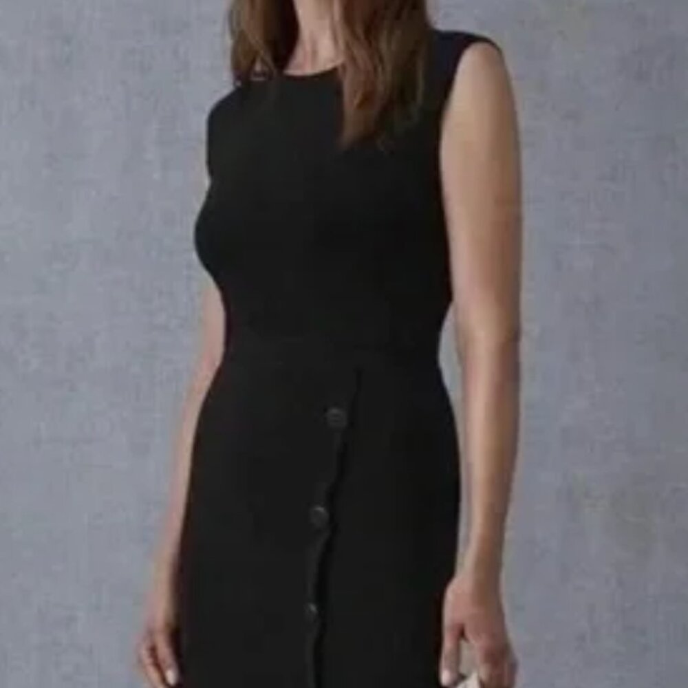 *Reiss Sasha Black Button Detail Stretch Knit Midi Dress | Size M